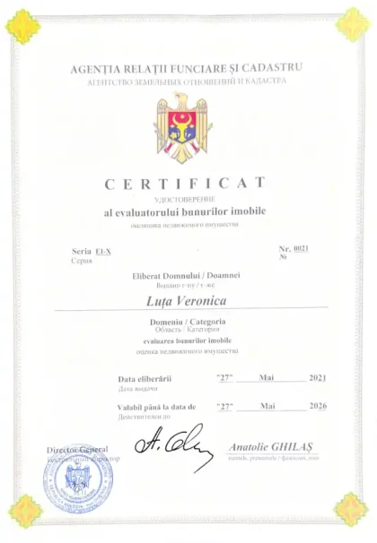 Certificat al evaluatorului bunurilor imobile 2021